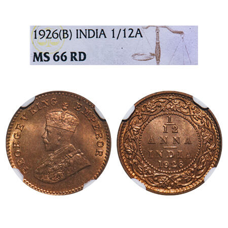 George V, Bronze, 1/12 Anna, 1926, Bombay Mint, Dot. F. Prid 854. GK 1239. NGC Slabbed MS 