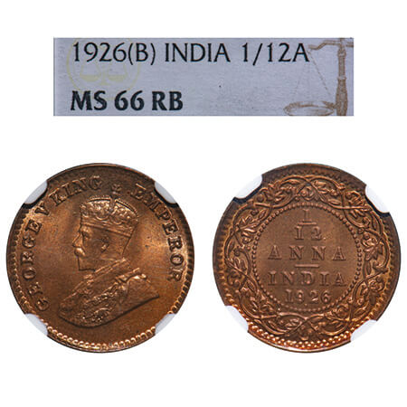George V, Bronze, 1/12 Anna, 1926, Bombay Mint, Dot. F. Prid 854. GK 1239. NGC Slabbed MS 