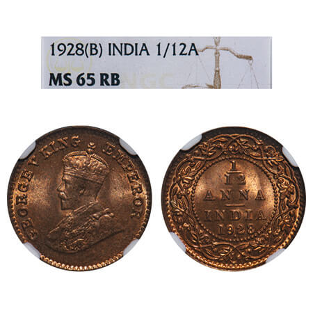 George V, Bronze, 1/12 Anna, 1928, Bombay Mint, Dot. F. Prid 856. GK 1243. NGC Slabbed MS 