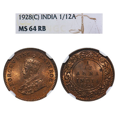George V, Bronze, 1/12 Anna, 1928, Calcutta Mint, No dot. F. Prid 842. GK 1244. NGC Slabbe