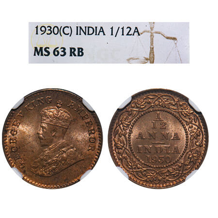 George V, Bronze, 1/12 Anna, 1930, Calcutta Mint, No dot. F. Prid 844. GK 1246. NGC Slabbe