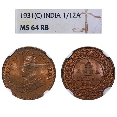 George V, Bronze, 1/12 Anna, 1931, Calcutta Mint, No dot. F. Prid 845. GK 1247. NGC Slabbe
