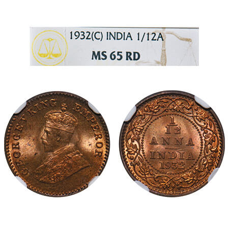 George V, Bronze, 1/12 Anna, 1932, Calcutta Mint, No dot. F. Prid 846. GK 1248. NGC Slabbe