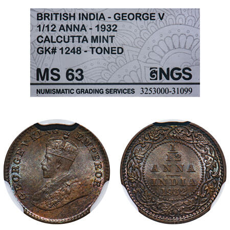 George V, Bronze, 1/12 Anna, 1932, Calcutta Mint, No dot. F. Prid 846. GK 1248. NGS Slabbe