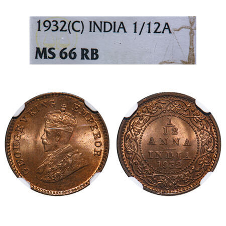George V, Bronze, 1/12 Anna, 1932, Calcutta Mint, No dot. F. Prid 846. GK 1248. NGC Slabbe