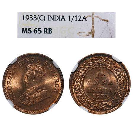 George V, Bronze, 1/12 Anna, 1933, Calcutta Mint, No dot. F. Prid 847. GK 1249. NGC Slabbe
