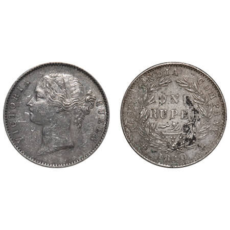 Victoria Queen, Silver, Rupee, 1840, DL, Madras Mint, W.W. 'R' raised, Wreath with 28 Berr