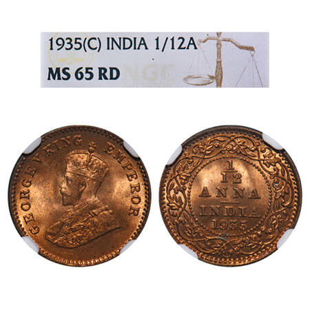 George V, Bronze, 1/12 Anna, 1935, Calcutta Mint, No dot. F. Prid 849. GK 1251. NGC Slabbe