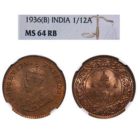 George V, Bronze, 1/12 Anna, 1936, Bombay Mint, Dot. F. Prid 857. GK 1252. NGC Slabbed MS 