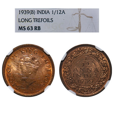 George V, Bronze, 1/12 Anna, 1939, Bombay Mint, Dot, Head Type I. F. Prid 850. GK 1453. NG