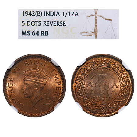 George V, Bronze, 1/12 Anna, 1942, Bombay Mint, Dots by year, Head Type II. F. Prid 237. G