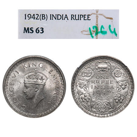 George VI, Half Silver, Rupee, 1942, Bombay Mint, B(a)/II, Diamond, Security edge. F. Prid