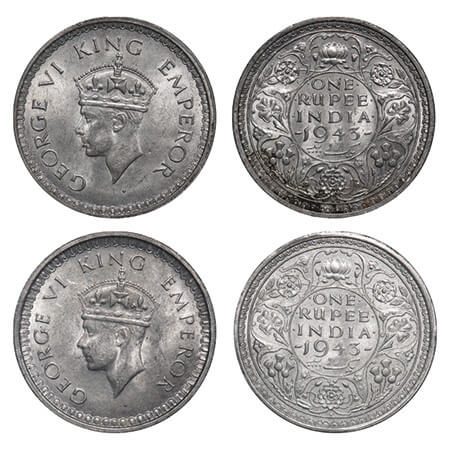 George VI, Half Silver, Rupee, (2 coins), 1943, Bombay Mint, 1) B(a)/II, Diamond, Security