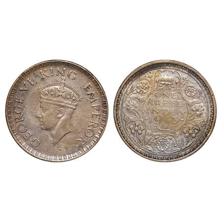 George VI, Half Silver, Rupee, 1943, Bombay Mint, A(b)/II, Diamond, Security edge, Small 3