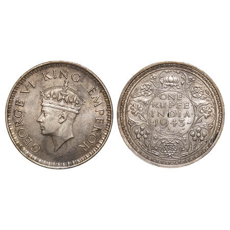 George VI, Half Silver, Rupee, 1943, Bombay Mint, A(b)/II, Diamond, Security edge, Small 3