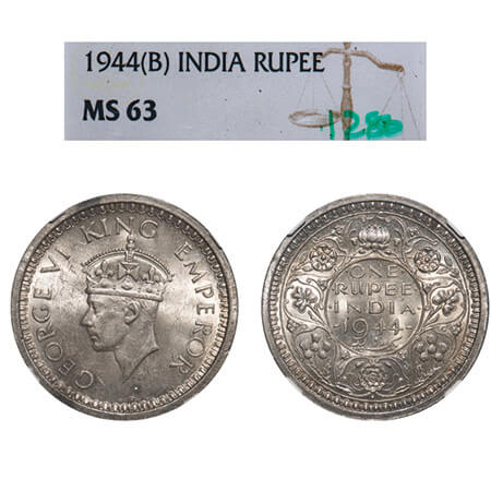 George VI, Half Silver, Rupee, 1944, Bombay Mint, D/II, Dot, Security edge. F. Prid 245. G