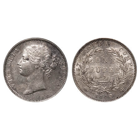 Victoria Queen, Silver, Rupee, 1840, DL, Madras Mint, W.W. 'B' raised, Wreath with 28 Berr