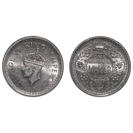 George VI, Half Silver, Rupee, 1944, Lahore Mint, D/II, 'L' raised, Security edge, Thin L.