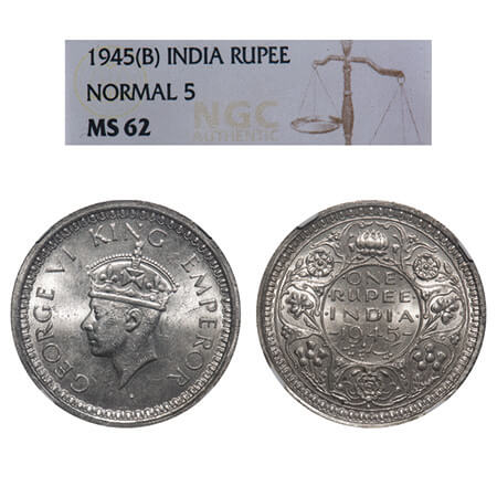 George VI, Half Silver, Rupee, 1945, Bombay Mint, D/II, Dot, Security edge, Normal 5. F. P
