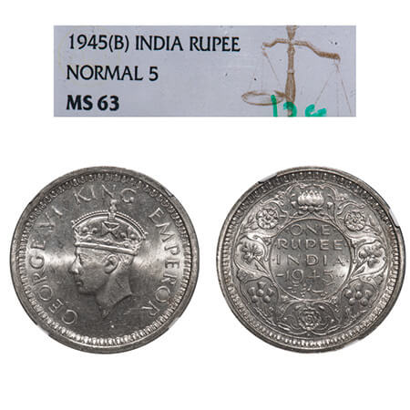 George VI, Half Silver, Rupee, 1945, Bombay Mint, D/II, Dot, Security edge, Normal 5. F. P