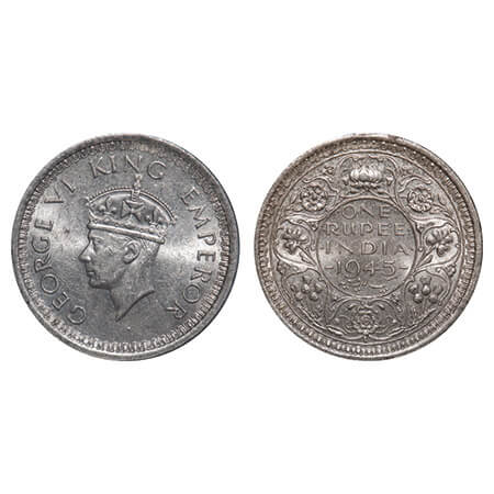 George VI, Half Silver, Rupee, 1945, Lahore Mint, D/II, 'L' raised, Security edge, Thick L