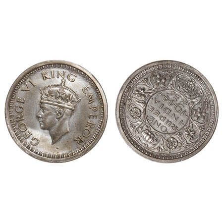 George VI, Half Silver, Rupee, 1944, Bombay Mint, D/II, Dot, Security edge, 7'o clock on R