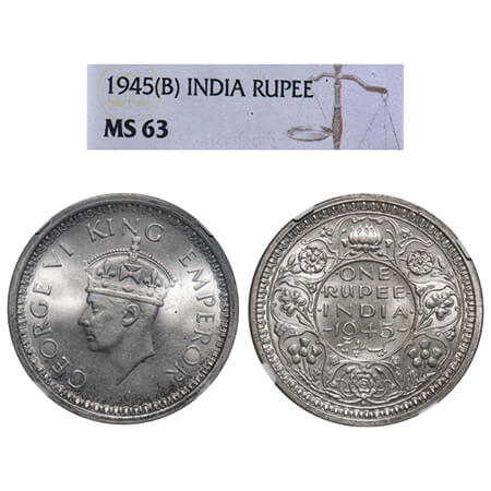 George VI, Half Silver, Rupee, 1945, Bombay Mint, D/II, Dot, Security edge, Normal 5. F. P
