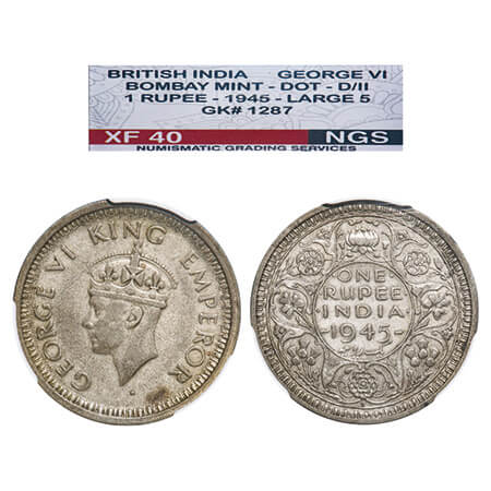 George VI, Half Silver, Rupee, 1945, Bombay Mint, D/II, Dot, Security edge, Large 5. F. Pr