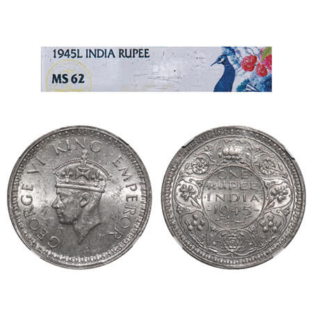 George VI, Half Silver, Rupee, 1945, Lahore Mint, D/II, 'L' raised, Security edge, Normal 