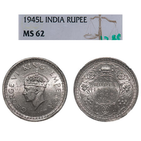 George VI, Half Silver, Rupee, 1945, Lahore Mint, D/II, 'L' raised, Security edge, Normal 
