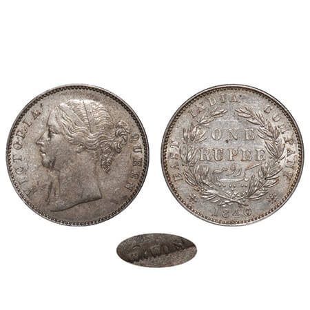 Victoria Queen, Silver, Rupee, 1840, DL, Madras Mint, W.W. 'S' raised, Wreath with 28 Berr