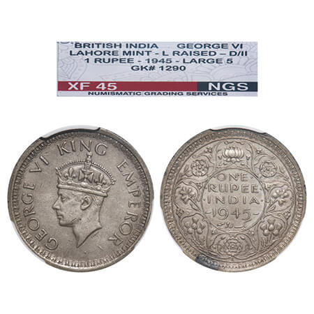 George VI, Half Silver, Rupee, 1945, Lahore Mint, D/II, 'L' raised, Security edge, Large 5