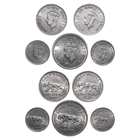 George VI, Nickel, (lot of 5 coins), 1) Rupee, 1947, Bombay Mint, E/IV, Diamond, Security 