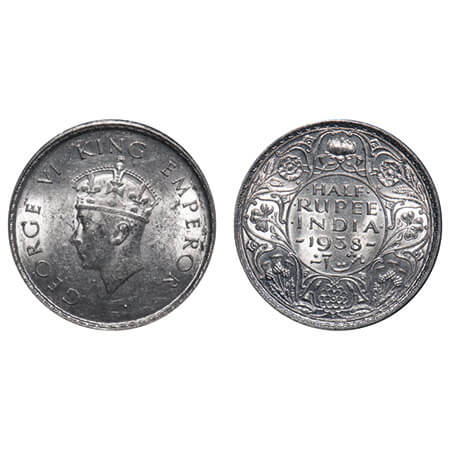 George VI, Silver, Half Rupee, 1938, Bombay Mint, A/I, Dot, Head Type I, Milled edge. F. P