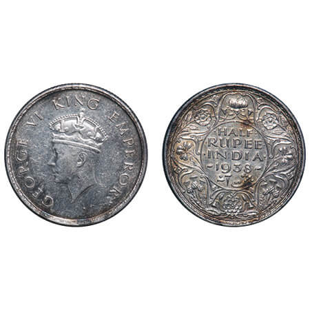 George VI, Silver, Half Rupee, 1938, A/I, Dot, Head Type I, Milled edge, With tiny Diamond