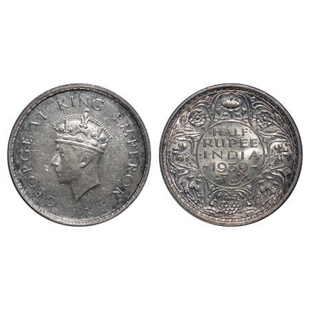 George VI, Silver, Half Rupee, 1939, Bombay Mint, A/I, Dot, Head Type I, Milled edge. F. P