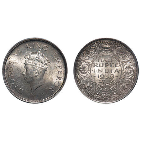 George VI, Silver, Half Rupee, 1939, Bombay Mint, A/I, Dot, Head Type I, Milled edge. F. P