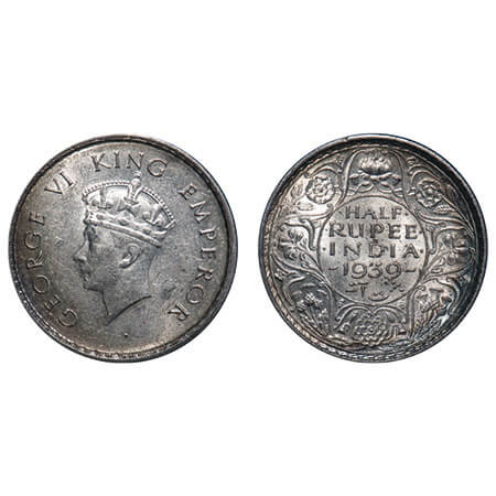 George VI, Silver, Half Rupee, 1939, Calcutta Mint, A/I, No dot, Head Type I, Milled edge.