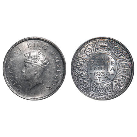 George VI, Silver, Half Rupee, 1939, Calcutta Mint, A/I, No dot, Head Type I, Milled edge.