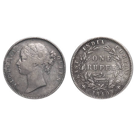 Victoria Queen, Silver, Rupee, 1840, DL, Madras Mint, W.W. 'B' raised, Wreath with 28 Berr