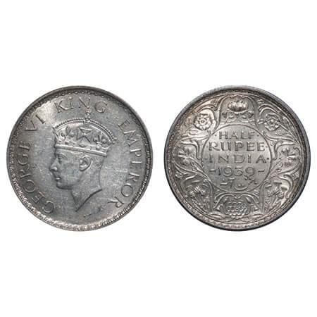 George VI, Silver, Half Rupee, 1939, Calcutta Mint, A(a)/I, No dot, Head Type II, Milled e
