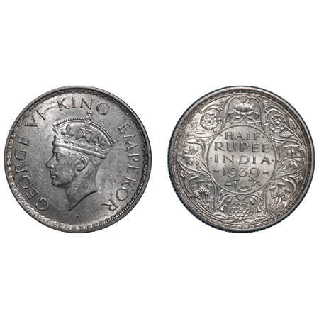 George VI, Silver, Half Rupee, 1939, Calcutta Mint, A(a)/I, No dot, Head Type II, Milled e