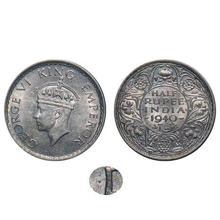 George VI, Half Silver, Half Rupee, 1940, Bombay Mint, A(a)/I, Dot, Head Type II, Milled e