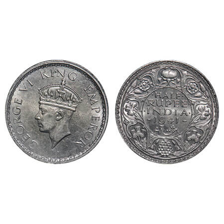George VI, Half Silver, Half Rupee, 1941, Bombay Mint, A(a)/I(i), Dot, Head Type II, Secur