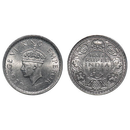 George VI, Half Silver, Half Rupee, 1941, Bombay Mint, A(a)/I(i), Dot, Head Type II, Secur
