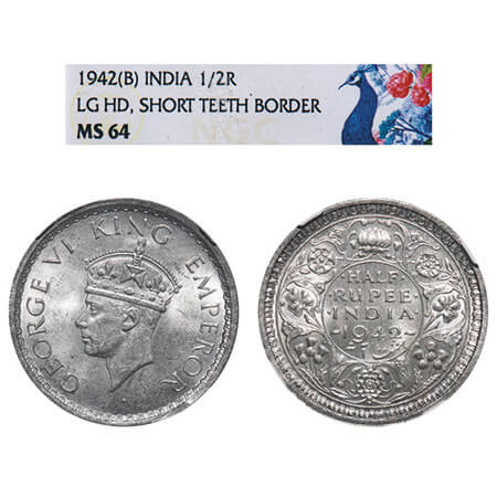 George VI, Half Silver, Half Rupee, 1942, Bombay Mint, A(a)/II, Dot, Head Type II, Securit
