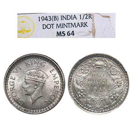 George VI, Half Silver, Half Rupee, 1943, Bombay Mint, B/II, Dot, Head Type II, Security e