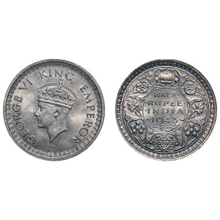 George VI, Half Silver, Half Rupee, 1943, Bombay Mint, B/II, Dot, Head Type II, Security e