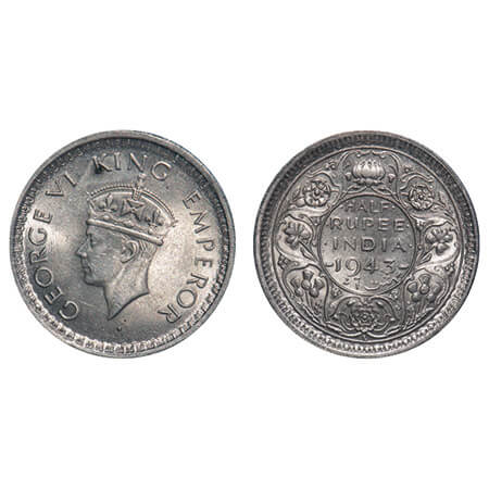 George VI, Half Silver, Half Rupee, 1943, Lahore Mint, B/II, 'L' raised, Head Type II, Sec