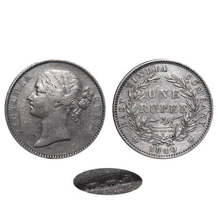 Victoria Queen, Silver, Rupee, 1840, DL, Madras Mint, W.W. 'B' raised, Wreath with 28 Berr